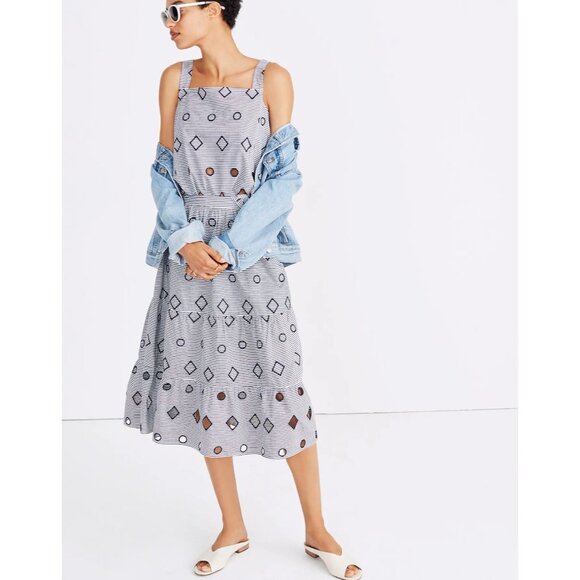 Madewell Dresses & Skirts - Madewell Embroidered Stripe Midi Navy White 100% Cotton Geometric Full Skirt XS